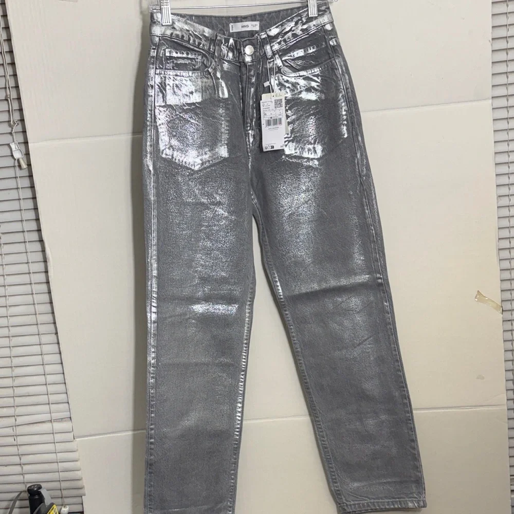 Mango Silver Shimmer High-Rise Jeans STRAIGHT FOIL JEANS 7131
